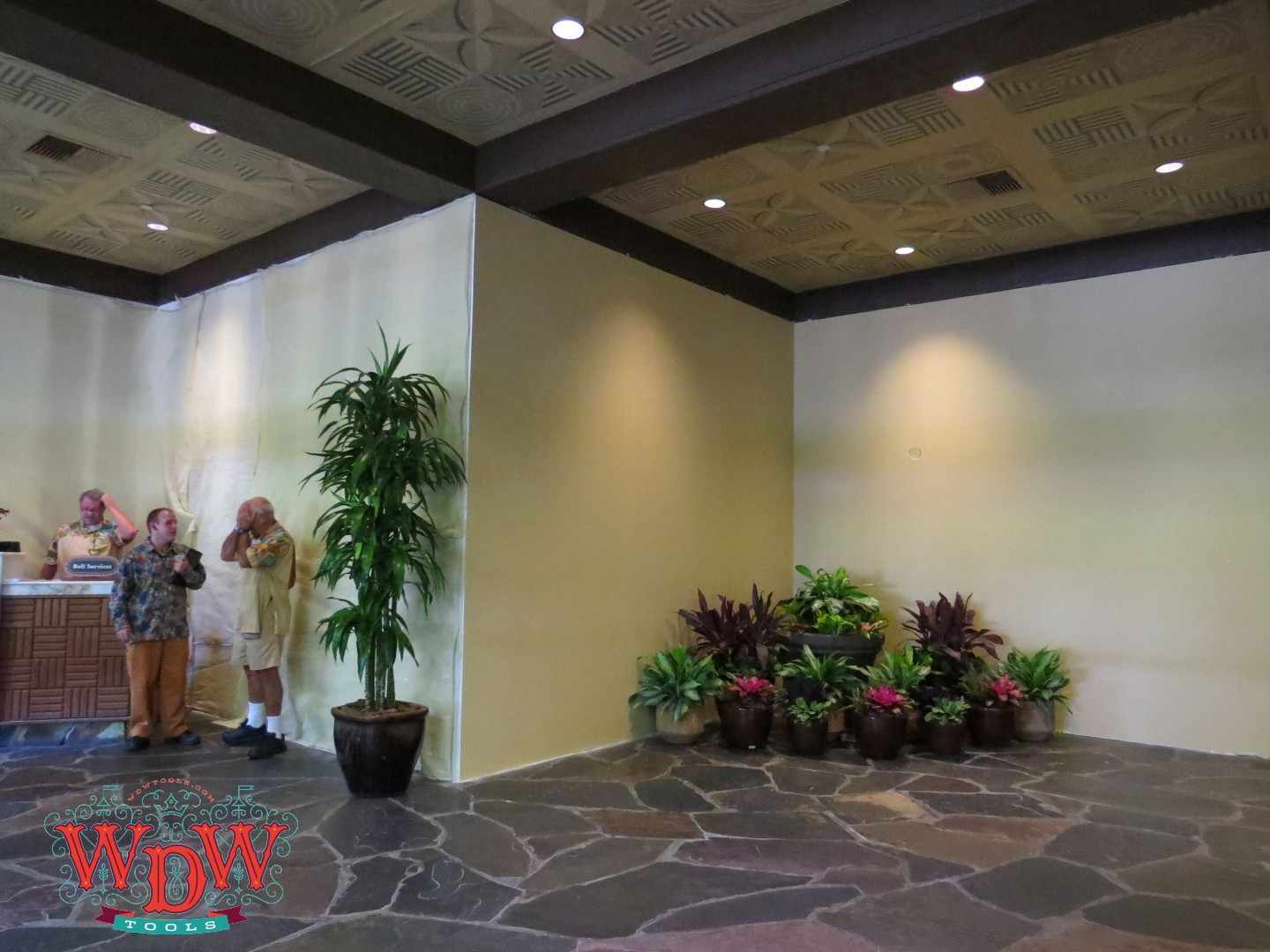 The view on entering the Polynesian lobby. Bell Services remains to the left,  check-in to the right. 